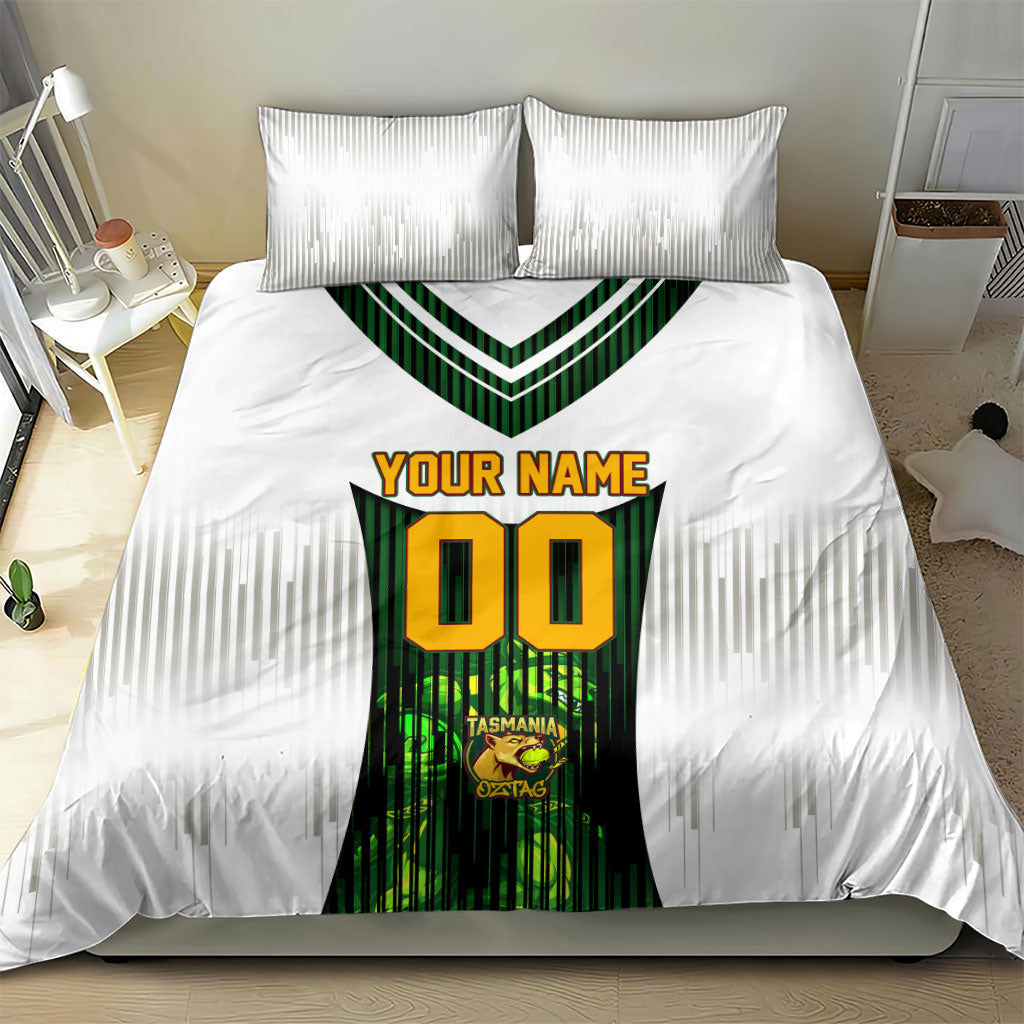 Personalised Tasmania Oztag Mascot Bedding Set Green White Stripe Australian Flag Mascot