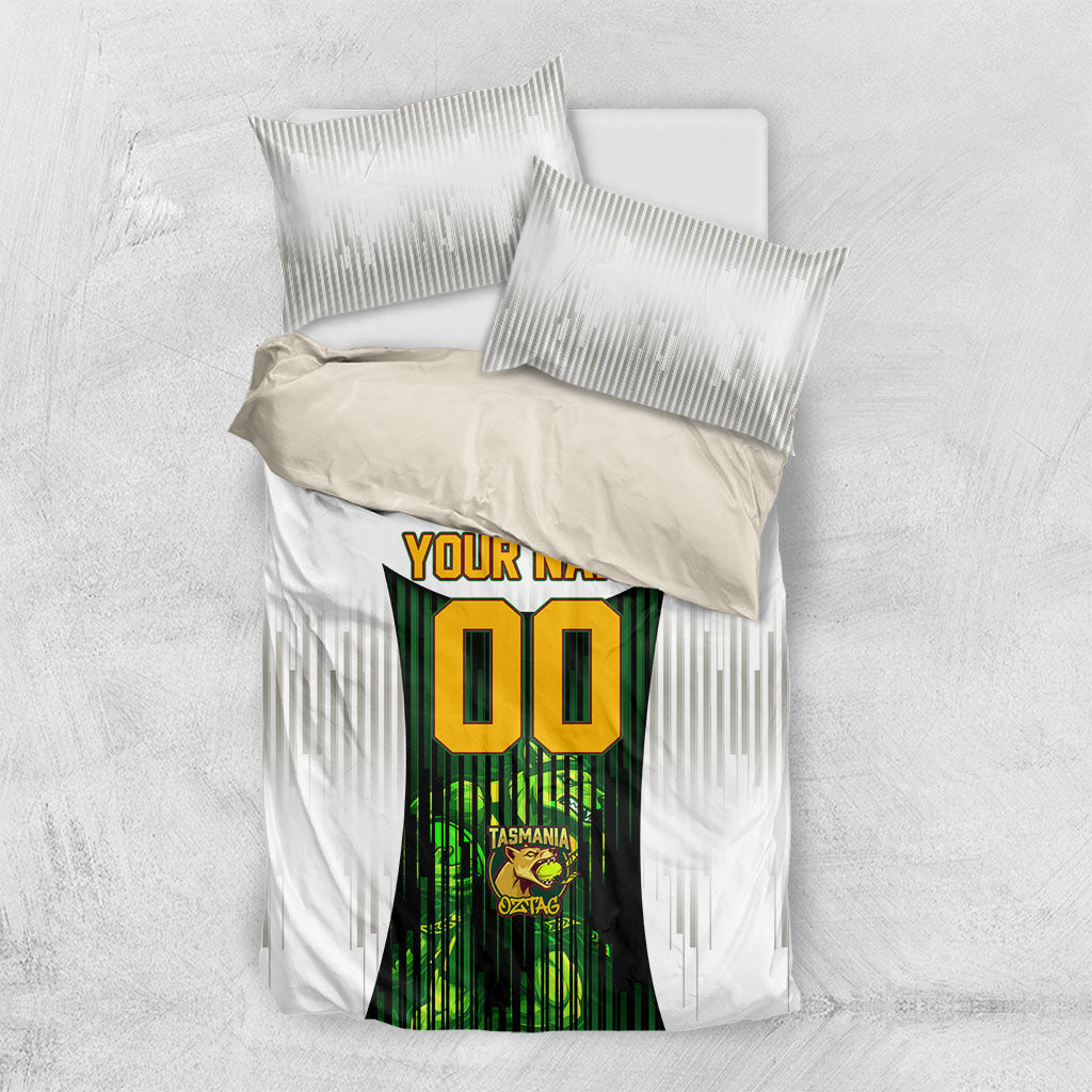 Personalised Tasmania Oztag Mascot Bedding Set Green White Stripe Australian Flag Mascot