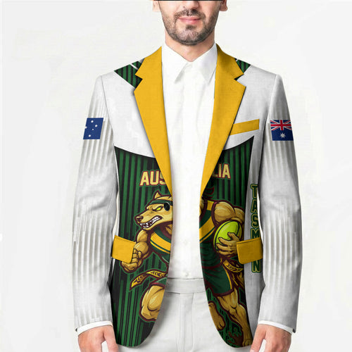 Personalised Tasmania Oztag Mascot Blazer Green White Stripe Australian Flag Mascot