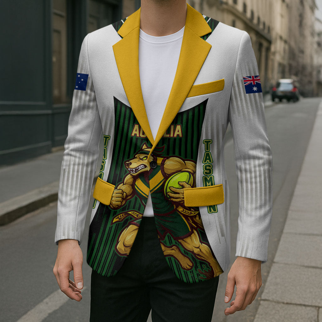 Personalised Tasmania Oztag Mascot Blazer Green White Stripe Australian Flag Mascot