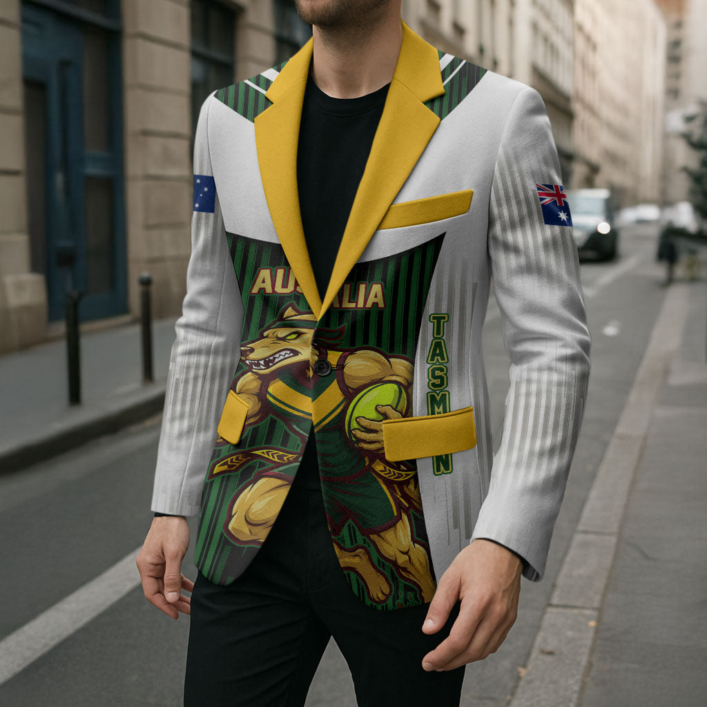 Personalised Tasmania Oztag Mascot Blazer Green White Stripe Australian Flag Mascot