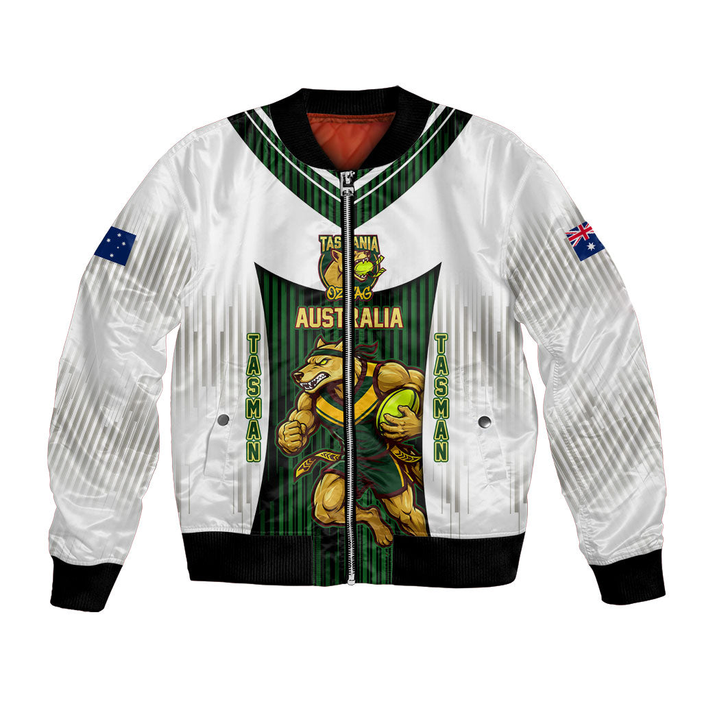 Personalised Tasmania Oztag Mascot Bomber Jacket Green White Stripe Australian Flag Mascot