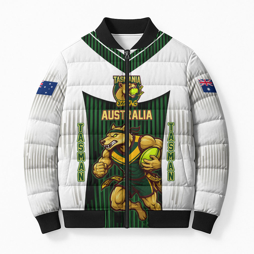 Personalised Tasmania Oztag Mascot Bomber Puffer Jacket Green White Stripe Australian Flag Mascot
