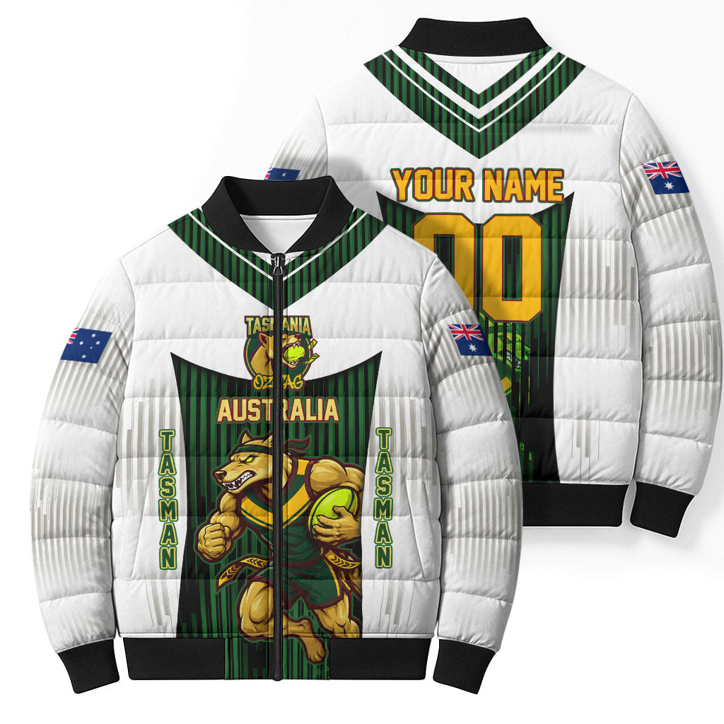 Personalised Tasmania Oztag Mascot Bomber Puffer Jacket Green White Stripe Australian Flag Mascot