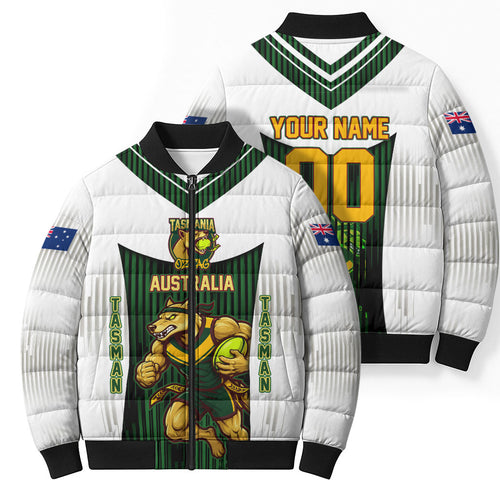 Personalised Tasmania Oztag Mascot Bomber Puffer Jacket Green White Stripe Australian Flag Mascot