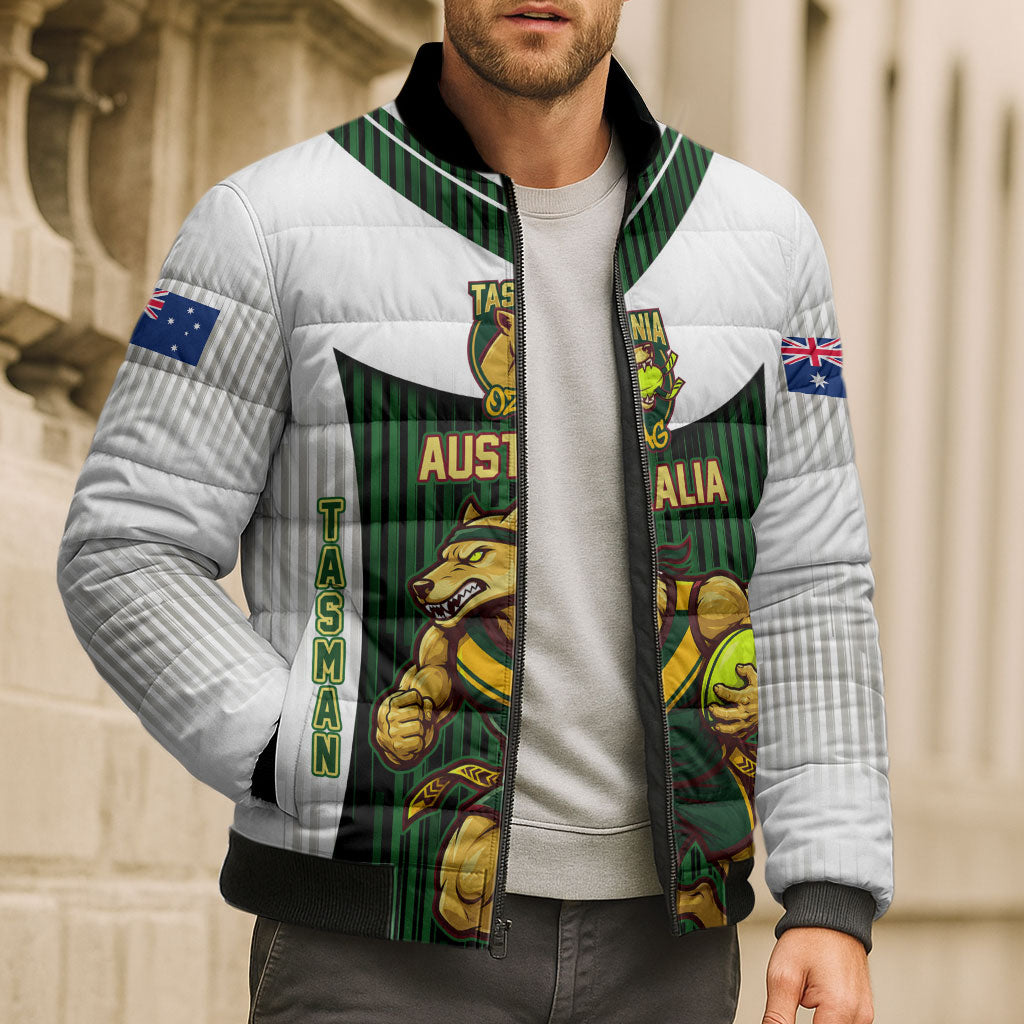 Personalised Tasmania Oztag Mascot Bomber Puffer Jacket Green White Stripe Australian Flag Mascot