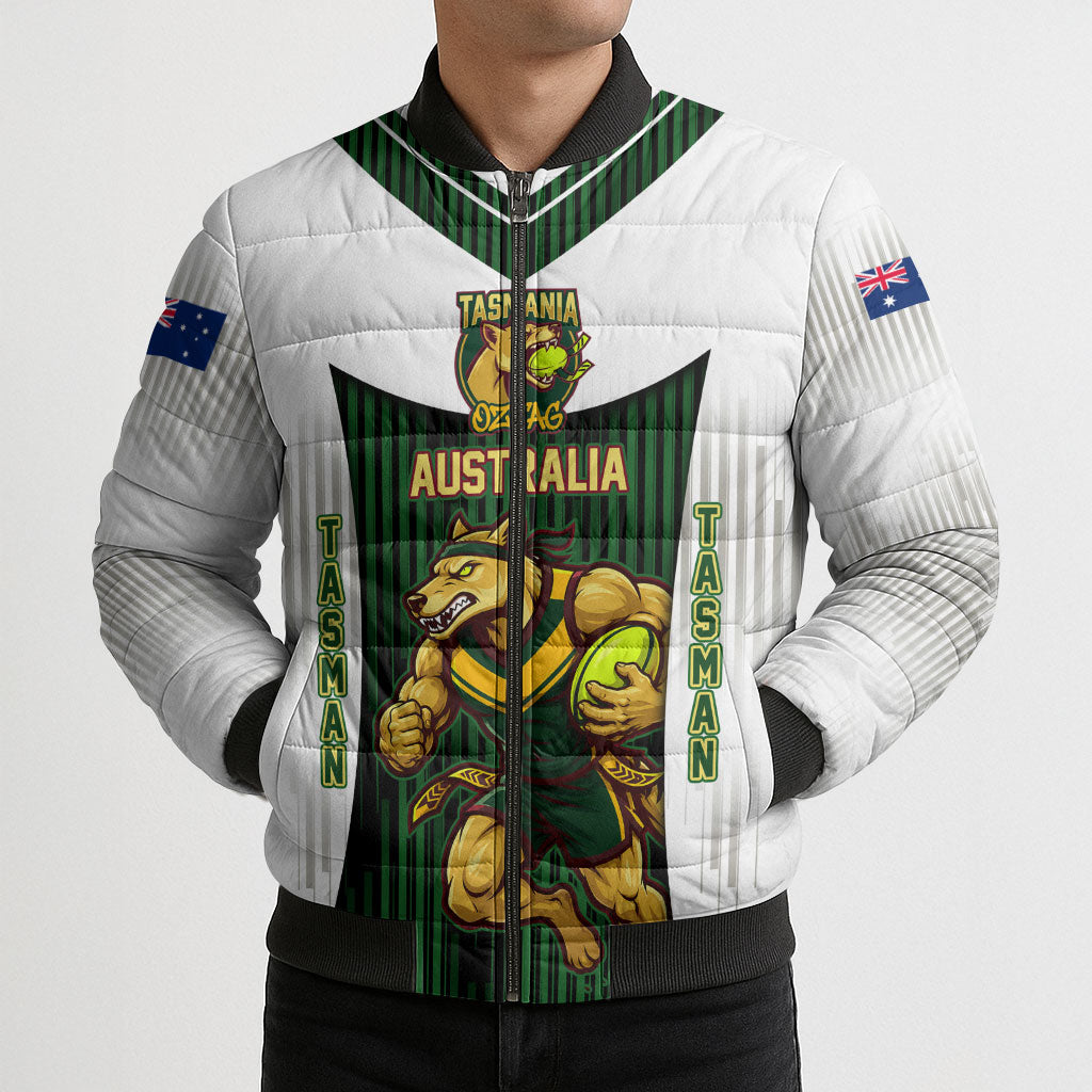 Personalised Tasmania Oztag Mascot Bomber Puffer Jacket Green White Stripe Australian Flag Mascot