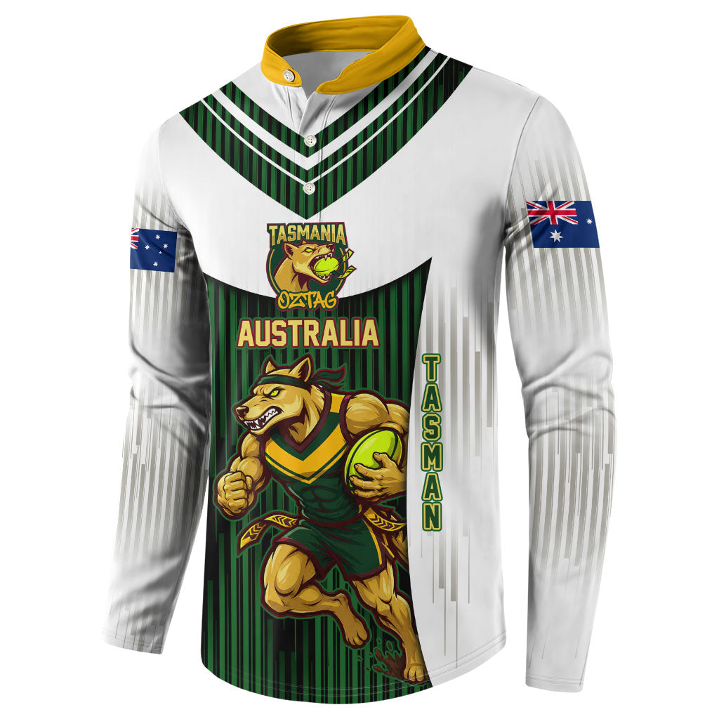 Personalised Tasmania Oztag Mascot Button Sweatshirt Green White Stripe Australian Flag Mascot