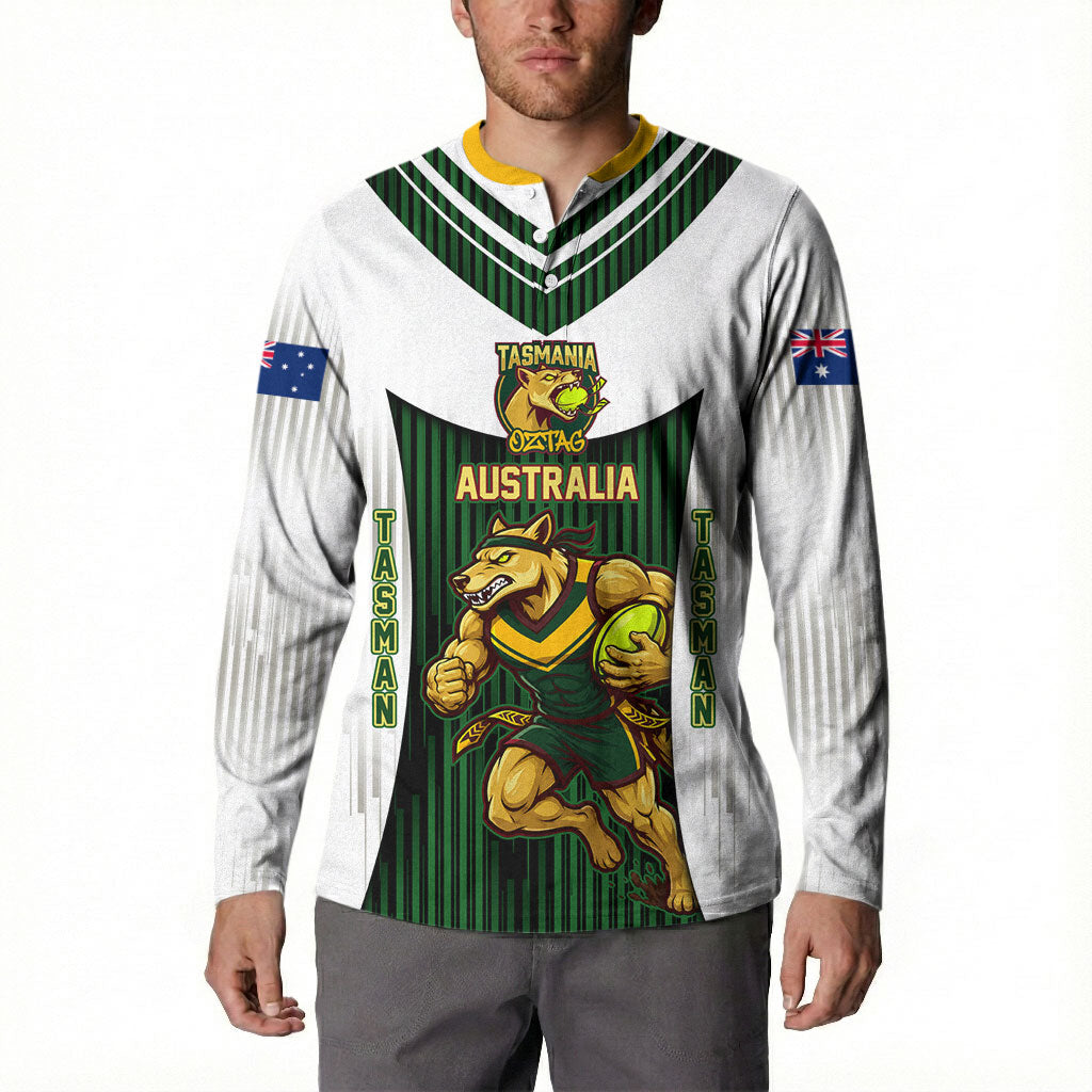 Personalised Tasmania Oztag Mascot Button Sweatshirt Green White Stripe Australian Flag Mascot