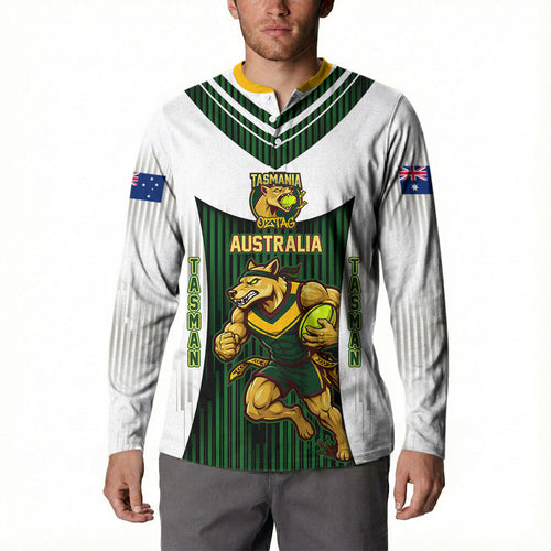 Personalised Tasmania Oztag Mascot Button Sweatshirt Green White Stripe Australian Flag Mascot