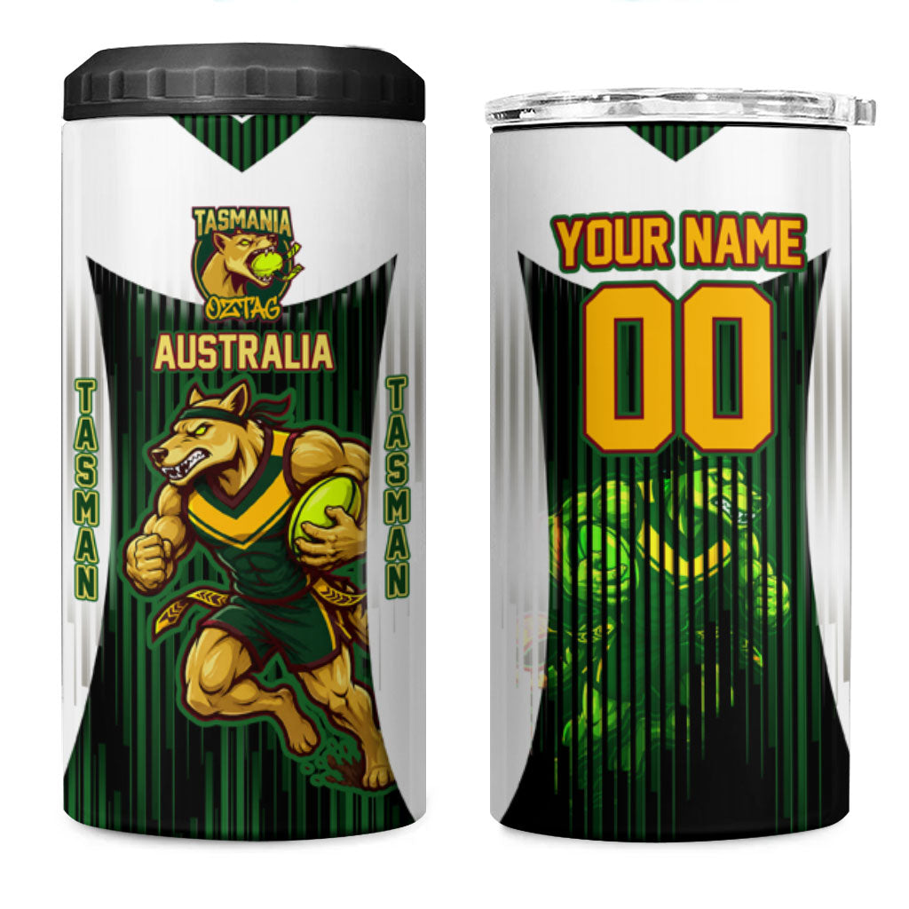 Personalised Tasmania Oztag Mascot 4 in 1 Can Cooler Tumbler Green White Stripe Australian Flag Mascot