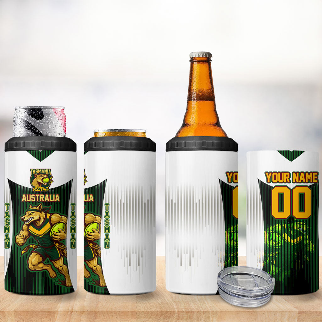 Personalised Tasmania Oztag Mascot 4 in 1 Can Cooler Tumbler Green White Stripe Australian Flag Mascot