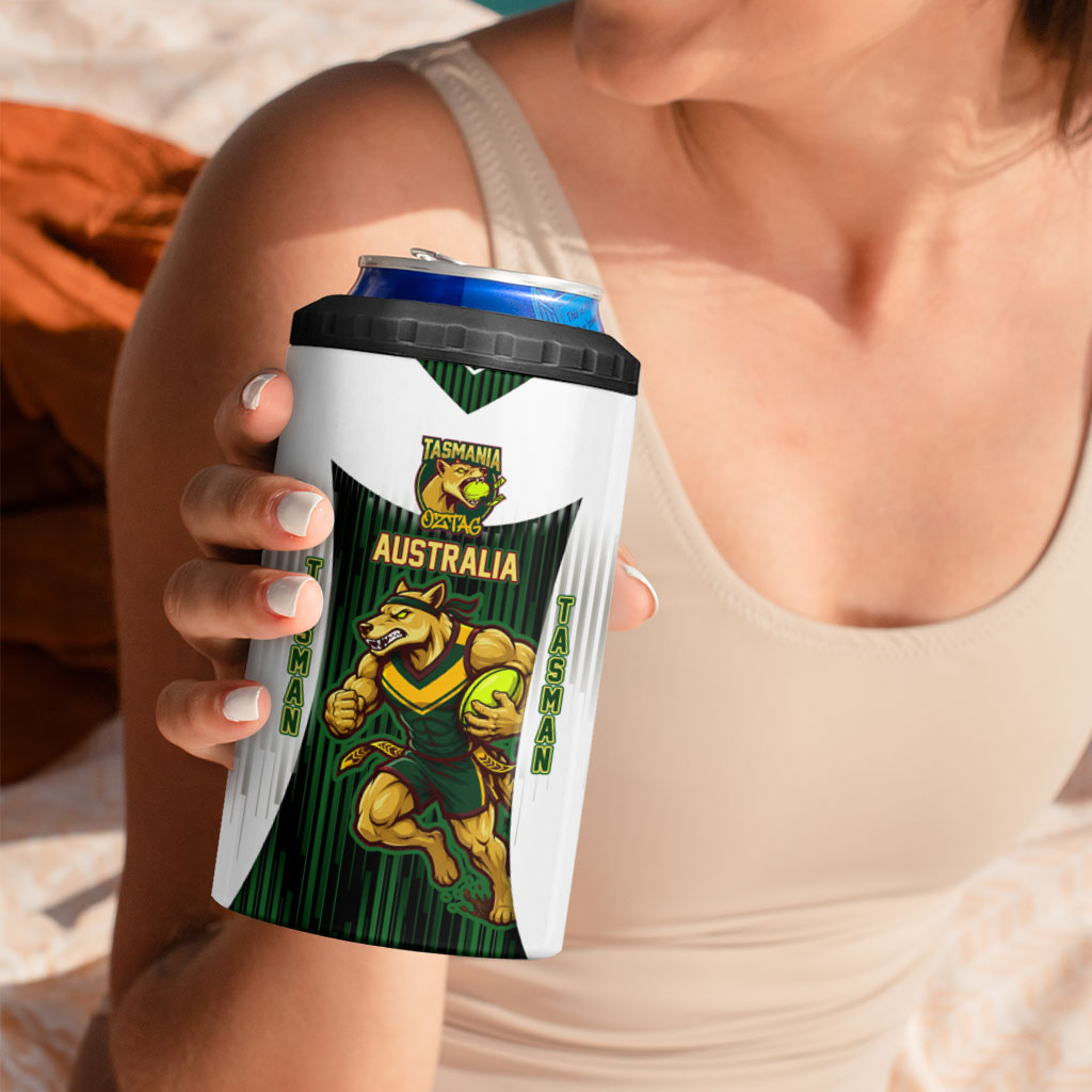 Personalised Tasmania Oztag Mascot 4 in 1 Can Cooler Tumbler Green White Stripe Australian Flag Mascot