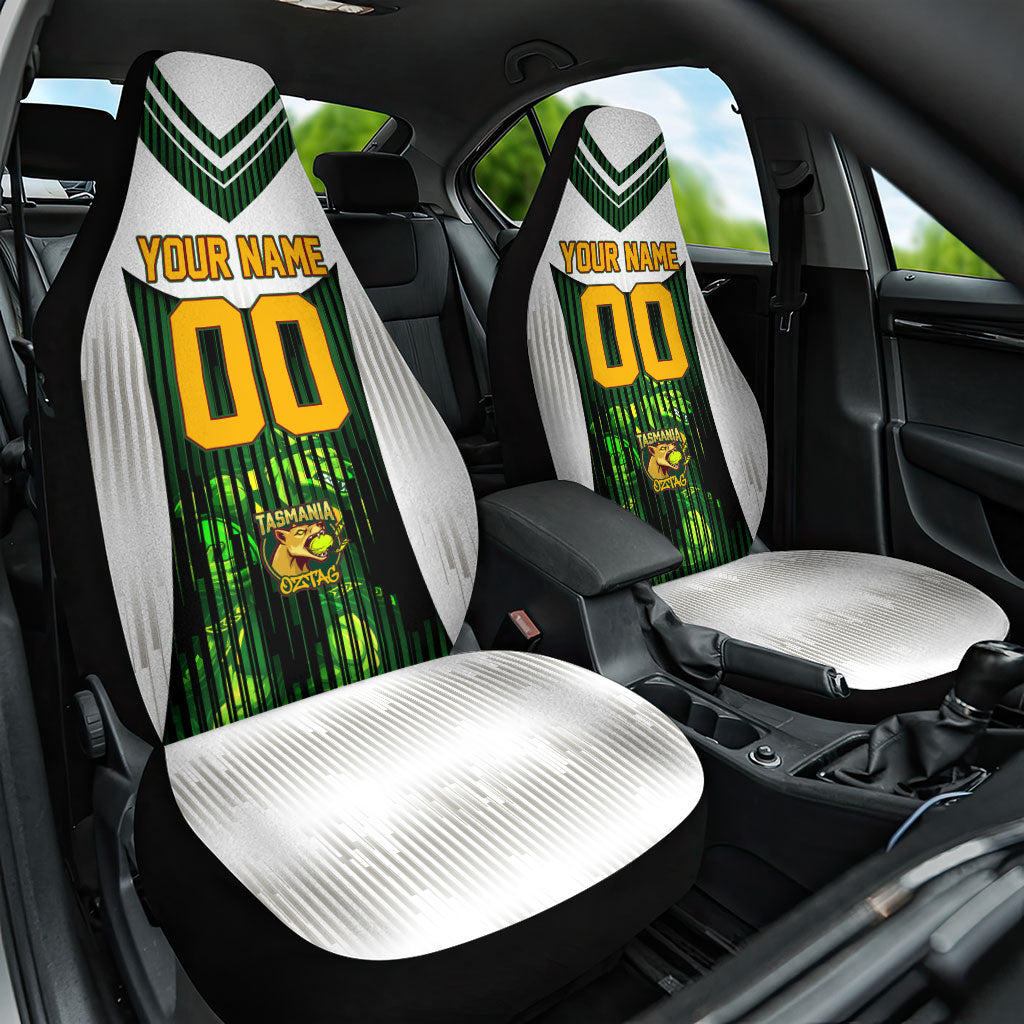 Personalised Tasmania Oztag Mascot Car Seat Cover Green White Stripe Australian Flag Mascot