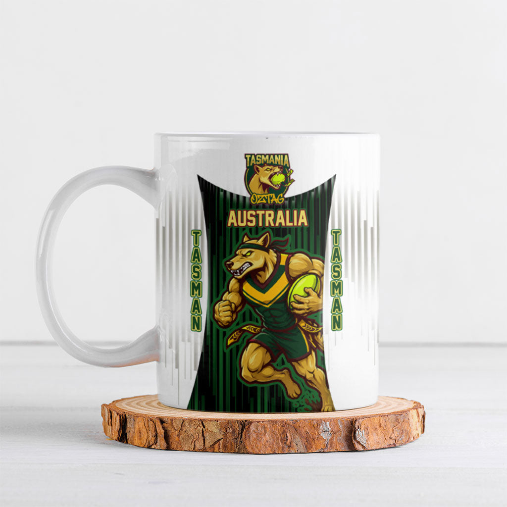 Personalised Tasmania Oztag Mascot Ceramic Mug Green White Stripe Australian Flag Mascot