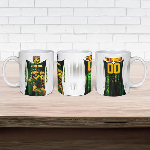Personalised Tasmania Oztag Mascot Ceramic Mug Green White Stripe Australian Flag Mascot