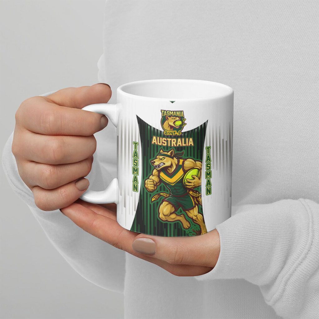 Personalised Tasmania Oztag Mascot Ceramic Mug Green White Stripe Australian Flag Mascot