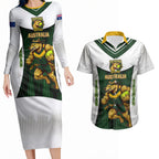 Personalised Tasmania Oztag Mascot Couples Matching Long Sleeve Bodycon Dress and Hawaiian Shirt Green White Stripe Australian Flag Mascot