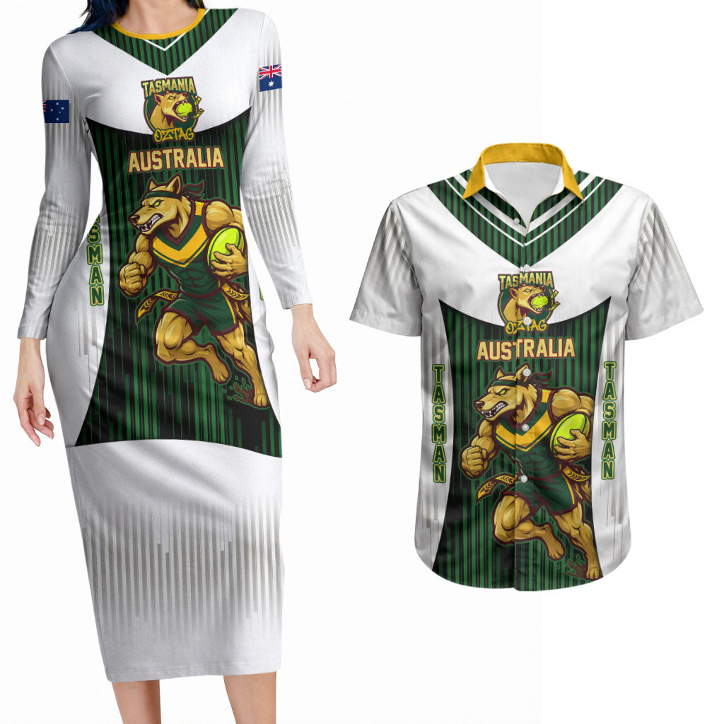 Personalised Tasmania Oztag Mascot Couples Matching Long Sleeve Bodycon Dress and Hawaiian Shirt Green White Stripe Australian Flag Mascot