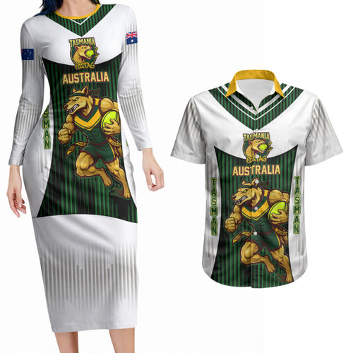 Personalised Tasmania Oztag Mascot Couples Matching Long Sleeve Bodycon Dress and Hawaiian Shirt Green White Stripe Australian Flag Mascot
