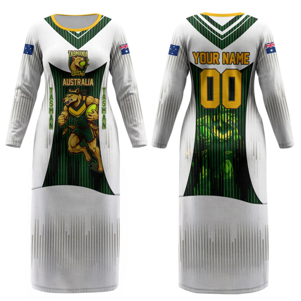 Personalised Tasmania Oztag Mascot Couples Matching Long Sleeve Bodycon Dress and Hawaiian Shirt Green White Stripe Australian Flag Mascot