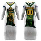 Personalised Tasmania Oztag Mascot Couples Matching Long Sleeve Bodycon Dress and Hawaiian Shirt Green White Stripe Australian Flag Mascot