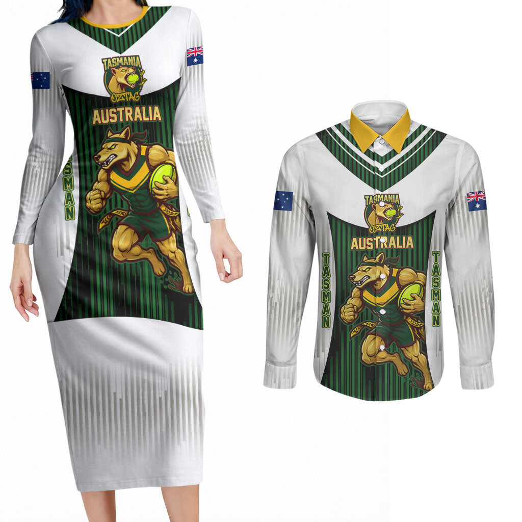 Personalised Tasmania Oztag Mascot Couples Matching Long Sleeve Bodycon Dress and Long Sleeve Button Shirt Green White Stripe Australian Flag Mascot