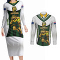 Personalised Tasmania Oztag Mascot Couples Matching Long Sleeve Bodycon Dress and Long Sleeve Button Shirt Green White Stripe Australian Flag Mascot