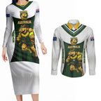 Personalised Tasmania Oztag Mascot Couples Matching Long Sleeve Bodycon Dress and Long Sleeve Button Shirt Green White Stripe Australian Flag Mascot