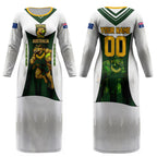 Personalised Tasmania Oztag Mascot Couples Matching Long Sleeve Bodycon Dress and Long Sleeve Button Shirt Green White Stripe Australian Flag Mascot