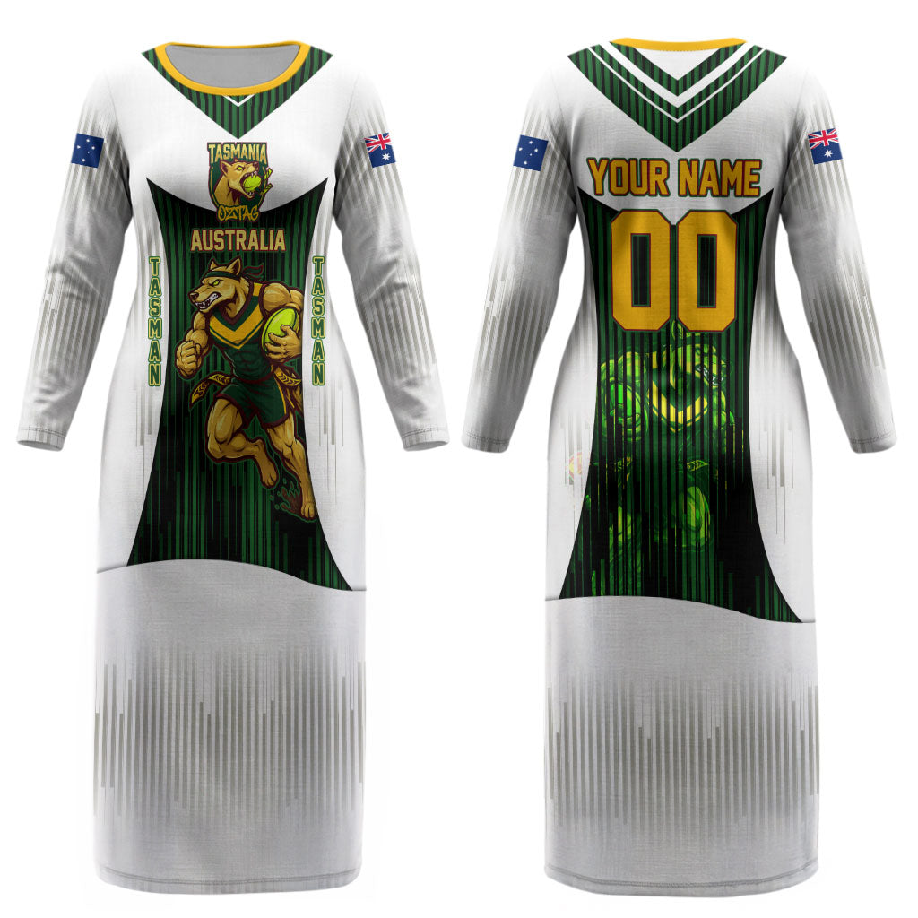 Personalised Tasmania Oztag Mascot Couples Matching Long Sleeve Bodycon Dress and Long Sleeve Button Shirt Green White Stripe Australian Flag Mascot