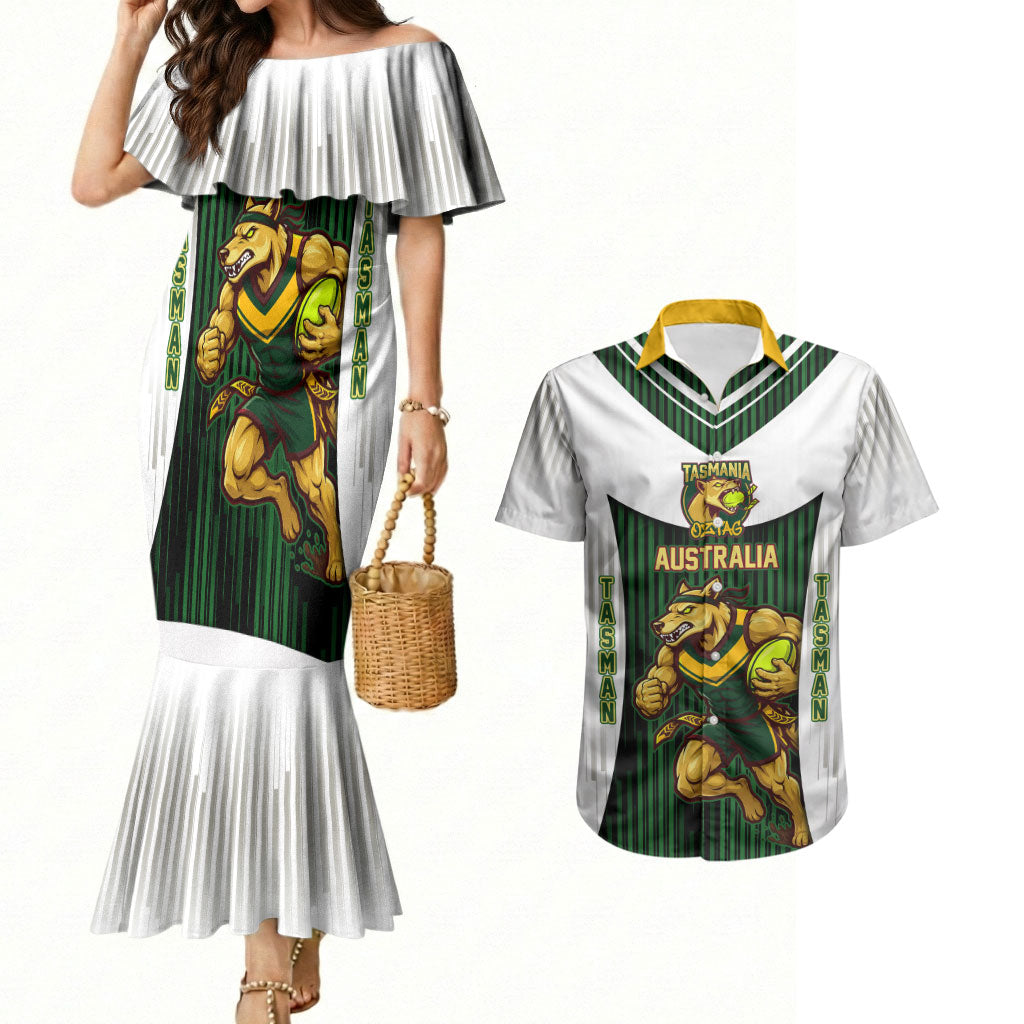 Personalised Tasmania Oztag Mascot Couples Matching Mermaid Dress and Hawaiian Shirt Green White Stripe Australian Flag Mascot