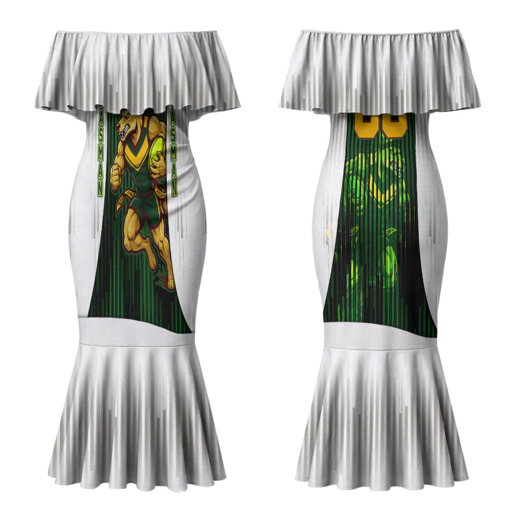 Personalised Tasmania Oztag Mascot Couples Matching Mermaid Dress and Hawaiian Shirt Green White Stripe Australian Flag Mascot