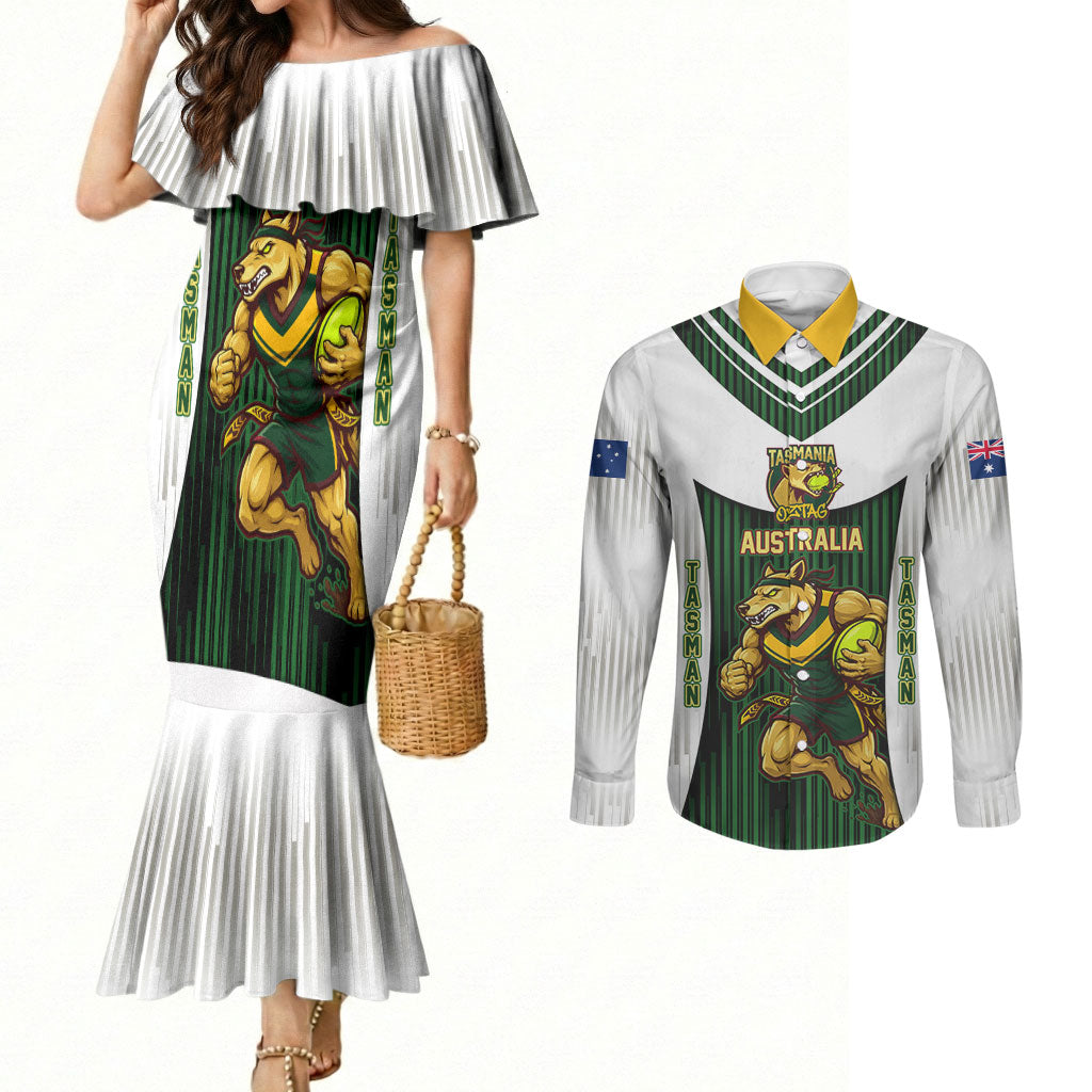 Personalised Tasmania Oztag Mascot Couples Matching Mermaid Dress and Long Sleeve Button Shirt Green White Stripe Australian Flag Mascot