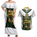 Personalised Tasmania Oztag Mascot Couples Matching Off Shoulder Maxi Dress and Hawaiian Shirt Green White Stripe Australian Flag Mascot