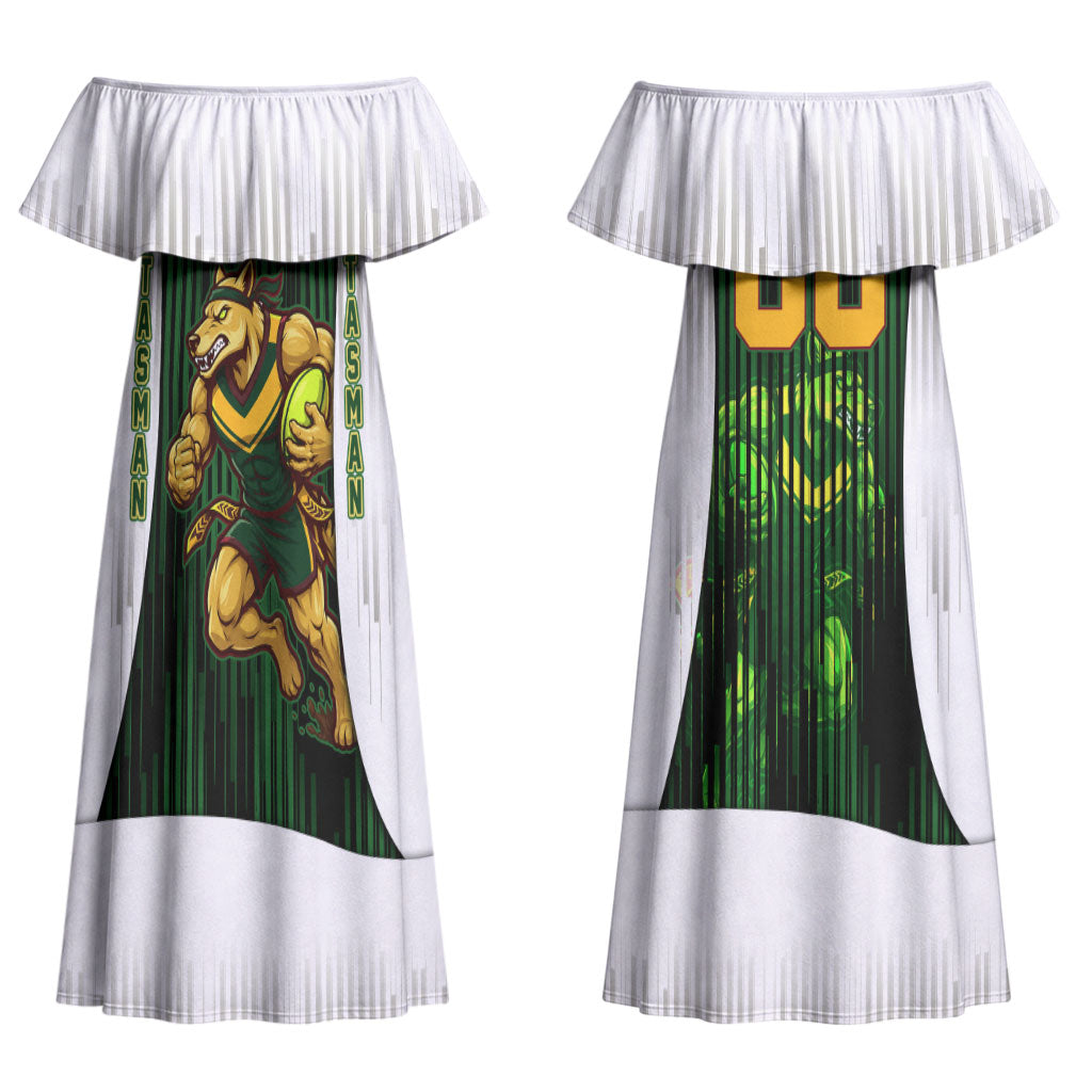 Personalised Tasmania Oztag Mascot Couples Matching Off Shoulder Maxi Dress and Hawaiian Shirt Green White Stripe Australian Flag Mascot
