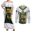 Personalised Tasmania Oztag Mascot Couples Matching Off Shoulder Maxi Dress and Long Sleeve Button Shirt Green White Stripe Australian Flag Mascot