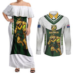 Personalised Tasmania Oztag Mascot Couples Matching Off Shoulder Maxi Dress and Long Sleeve Button Shirt Green White Stripe Australian Flag Mascot