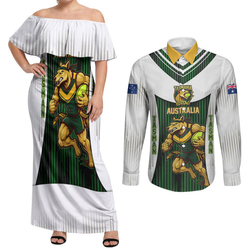 Personalised Tasmania Oztag Mascot Couples Matching Off Shoulder Maxi Dress and Long Sleeve Button Shirt Green White Stripe Australian Flag Mascot