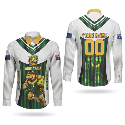 Personalised Tasmania Oztag Mascot Couples Matching Off Shoulder Maxi Dress and Long Sleeve Button Shirt Green White Stripe Australian Flag Mascot