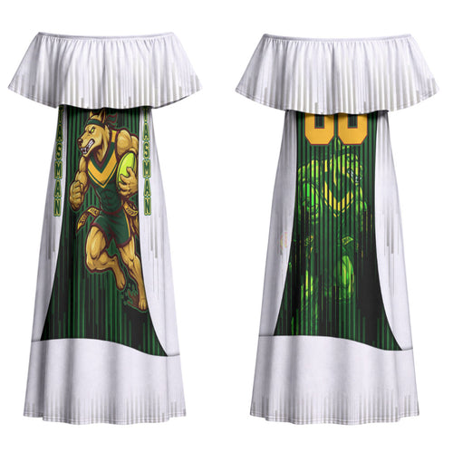 Personalised Tasmania Oztag Mascot Couples Matching Off Shoulder Maxi Dress and Long Sleeve Button Shirt Green White Stripe Australian Flag Mascot