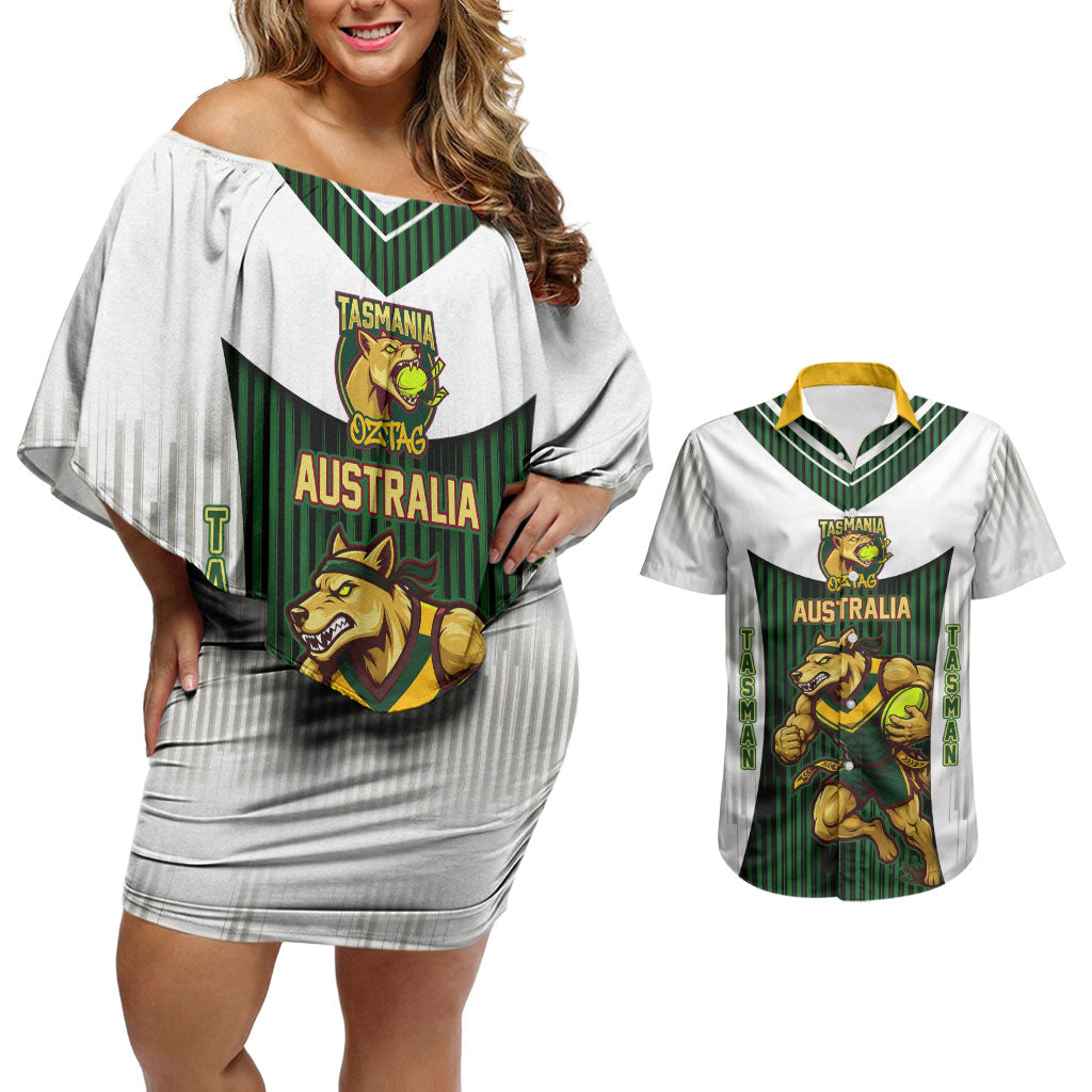 Personalised Tasmania Oztag Mascot Couples Matching Off Shoulder Short Dress and Hawaiian Shirt Green White Stripe Australian Flag Mascot