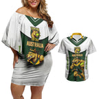 Personalised Tasmania Oztag Mascot Couples Matching Off Shoulder Short Dress and Hawaiian Shirt Green White Stripe Australian Flag Mascot