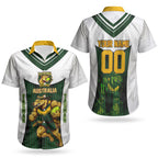 Personalised Tasmania Oztag Mascot Couples Matching Off Shoulder Short Dress and Hawaiian Shirt Green White Stripe Australian Flag Mascot