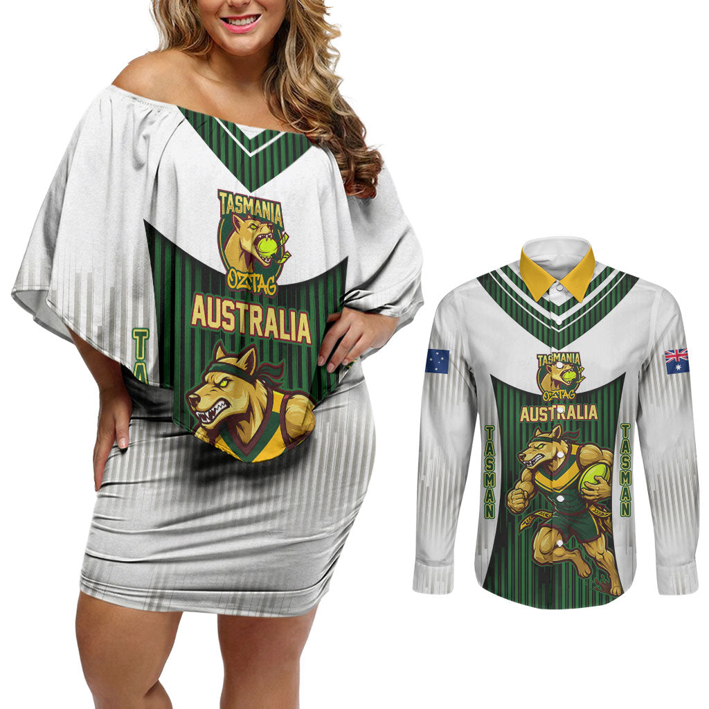 Personalised Tasmania Oztag Mascot Couples Matching Off Shoulder Short Dress and Long Sleeve Button Shirt Green White Stripe Australian Flag Mascot