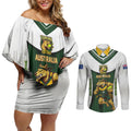 Personalised Tasmania Oztag Mascot Couples Matching Off Shoulder Short Dress and Long Sleeve Button Shirt Green White Stripe Australian Flag Mascot