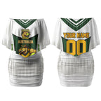 Personalised Tasmania Oztag Mascot Couples Matching Off Shoulder Short Dress and Long Sleeve Button Shirt Green White Stripe Australian Flag Mascot