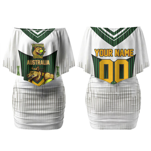Personalised Tasmania Oztag Mascot Couples Matching Off Shoulder Short Dress and Long Sleeve Button Shirt Green White Stripe Australian Flag Mascot