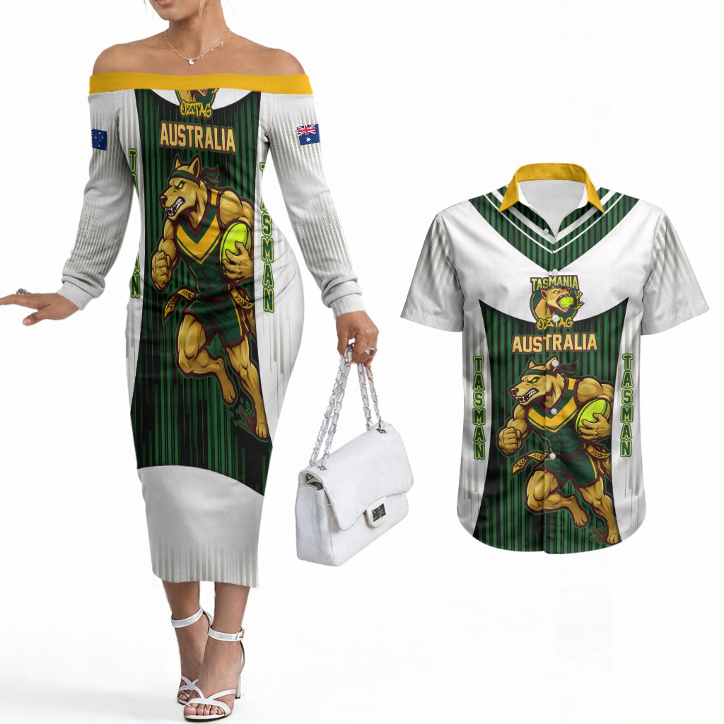 Personalised Tasmania Oztag Mascot Couples Matching Off The Shoulder Long Sleeve Dress and Hawaiian Shirt Green White Stripe Australian Flag Mascot