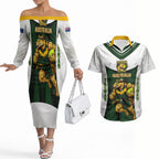 Personalised Tasmania Oztag Mascot Couples Matching Off The Shoulder Long Sleeve Dress and Hawaiian Shirt Green White Stripe Australian Flag Mascot